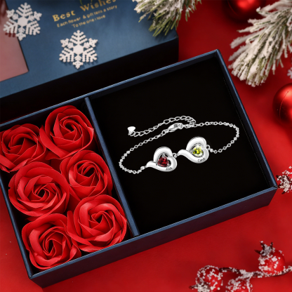 Bracelet Personnalisé avec 1 à 5 Prénoms et Pierre de naissance en forme de Cœur