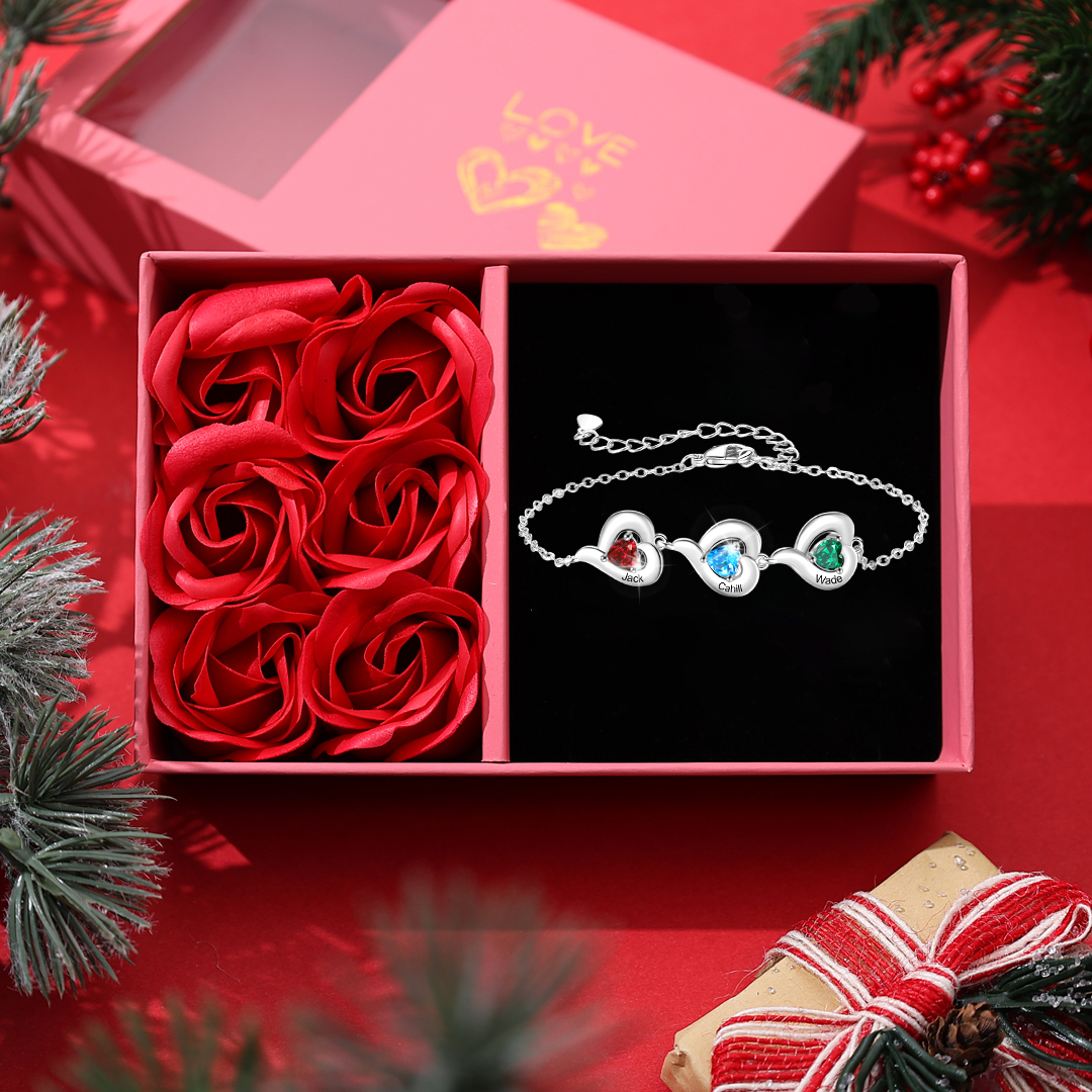 Bracelet Personnalisé avec 1 à 5 Prénoms et Pierre de naissance en forme de Cœur