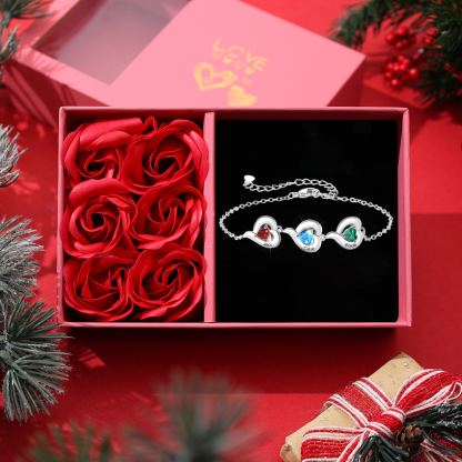 Bracelet Personnalisé avec 1 à 5 Prénoms et Pierre de naissance en forme de Cœur