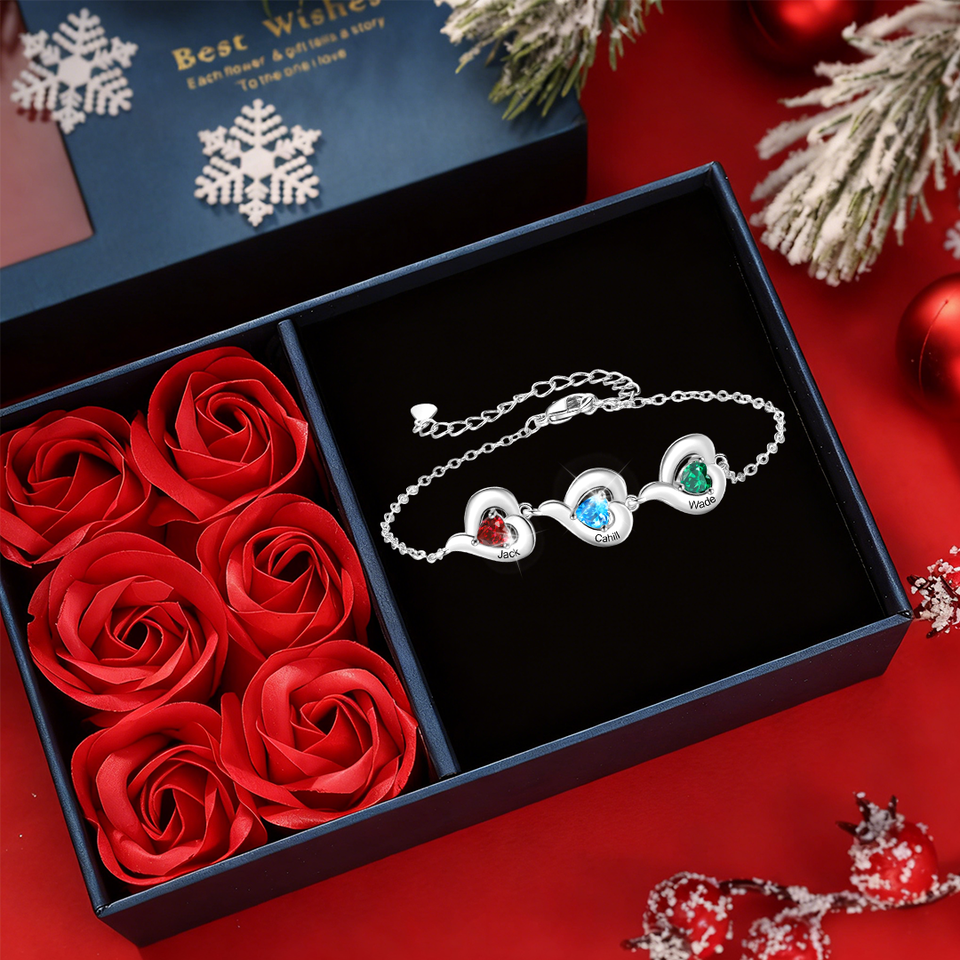 Bracelet Personnalisé avec 1 à 5 Prénoms et Pierre de naissance en forme de Cœur