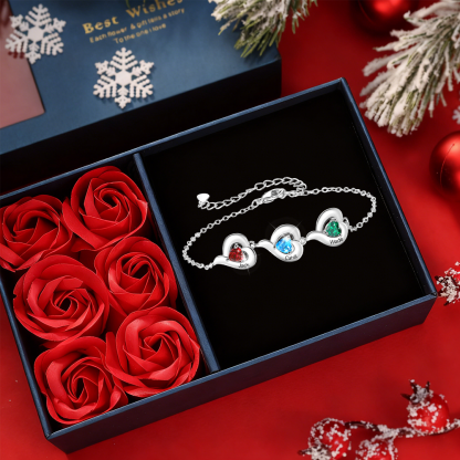 Bracelet Personnalisé avec 1 à 5 Prénoms et Pierre de naissance en forme de Cœur