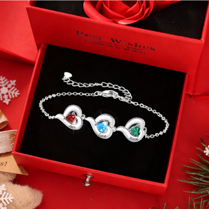 Bracelet Personnalisé avec 1 à 5 Prénoms et Pierre de naissance en forme de Cœur