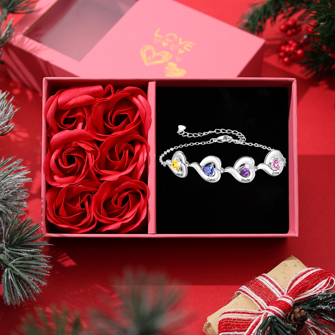 Bracelet Personnalisé avec 1 à 5 Prénoms et Pierre de naissance en forme de Cœur