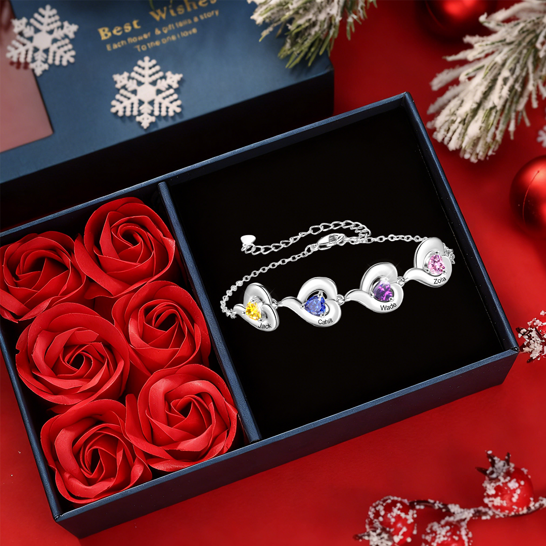 Bracelet Personnalisé avec 1 à 5 Prénoms et Pierre de naissance en forme de Cœur