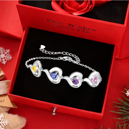 Bracelet Personnalisé avec 1 à 5 Prénoms et Pierre de naissance en forme de Cœur