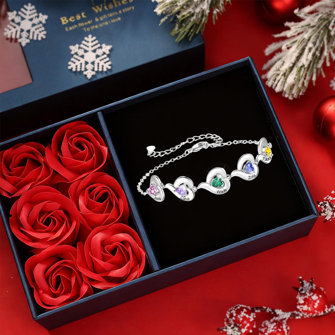 Bracelet Personnalisé avec 1 à 5 Prénoms et Pierre de naissance en forme de Cœur