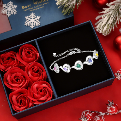 Bracelet Personnalisé avec 1 à 5 Prénoms et Pierre de naissance en forme de Cœur