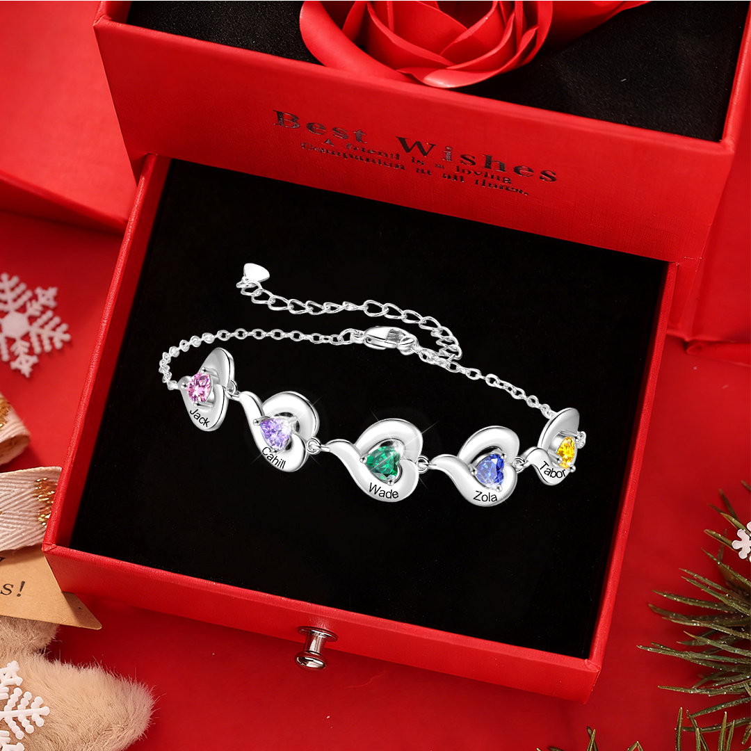 Bracelet Personnalisé avec 1 à 5 Prénoms et Pierre de naissance en forme de Cœur