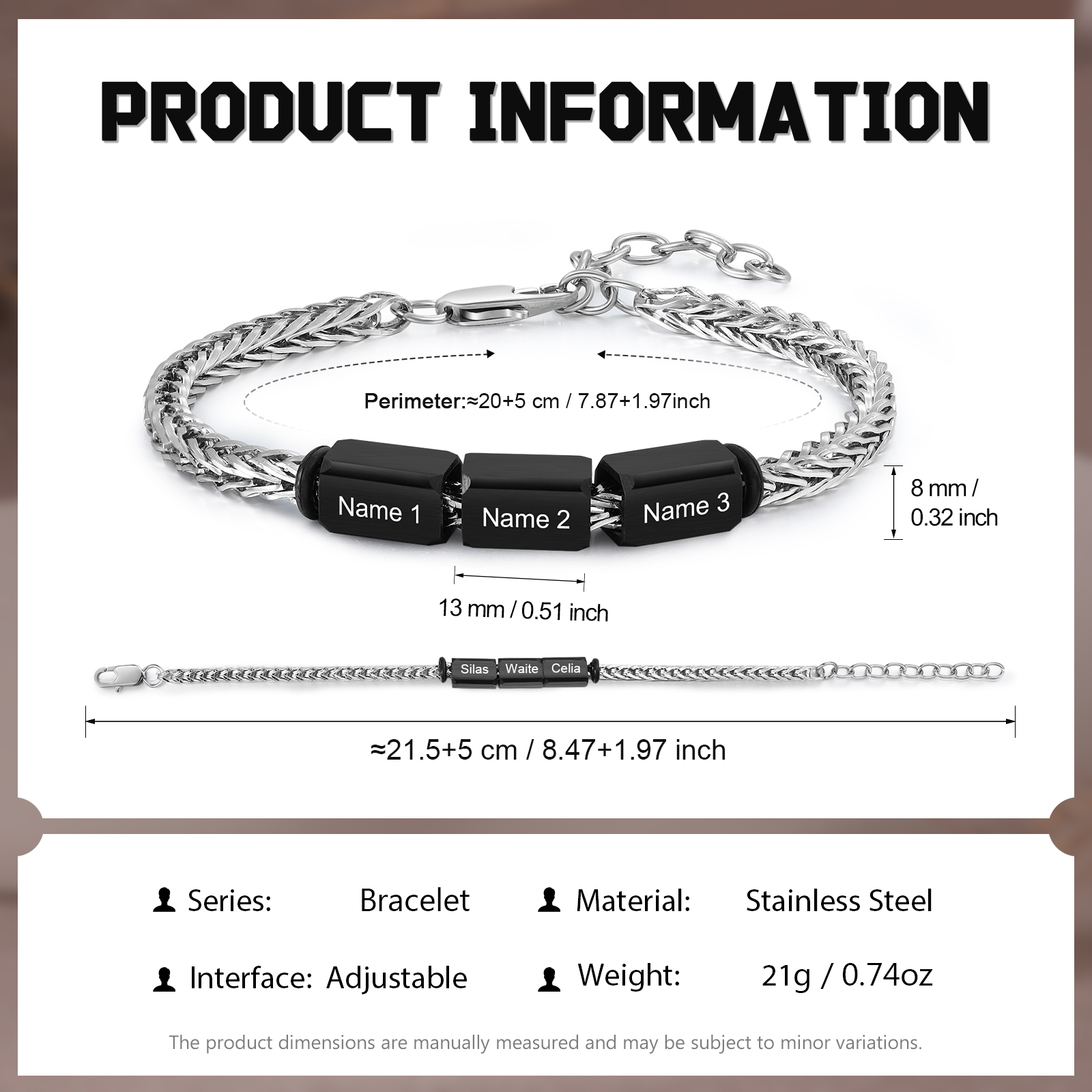 Bracelet en acier inoxydable personnalisé avec 2 à 5 prénoms - Cadeau personnalisé pour homme