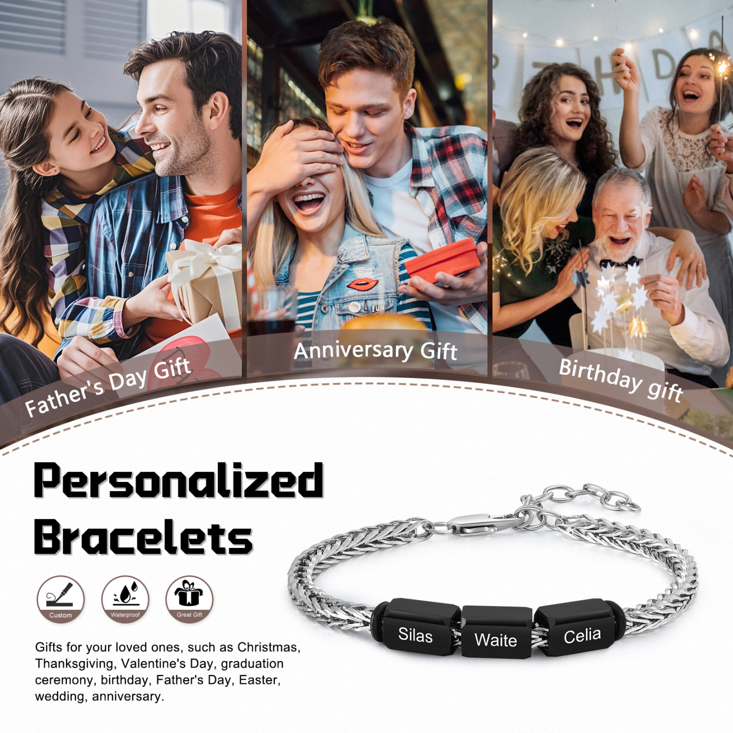 Bracelet personnalisé avec 3 Prénoms gravés en Acier Inoxydable - Cadeau pour Homme  | Jessemade