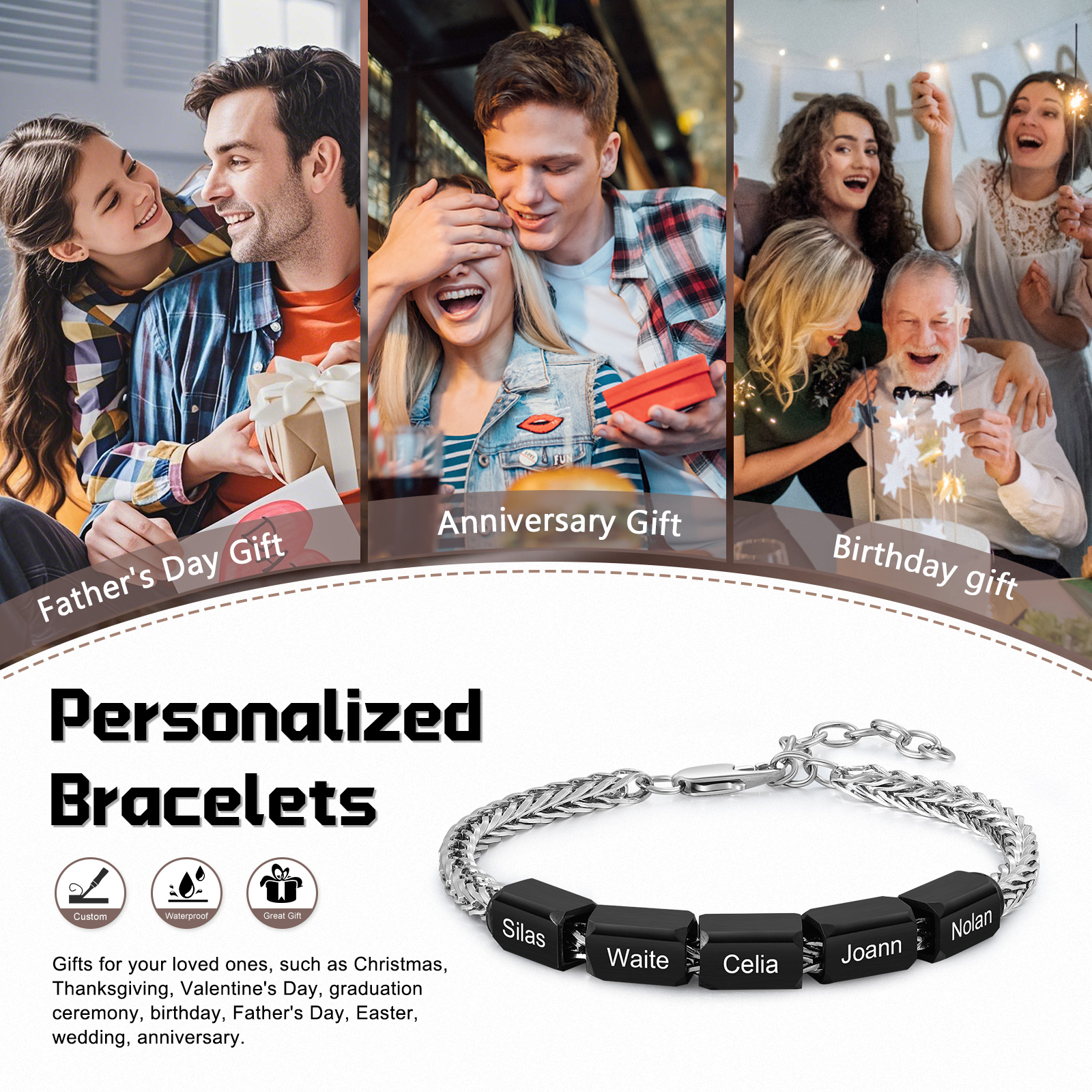 Bracelet personnalisé avec 5 Prénoms gravés en Acier Inoxydable - Cadeau pour Homme  | Jessemade