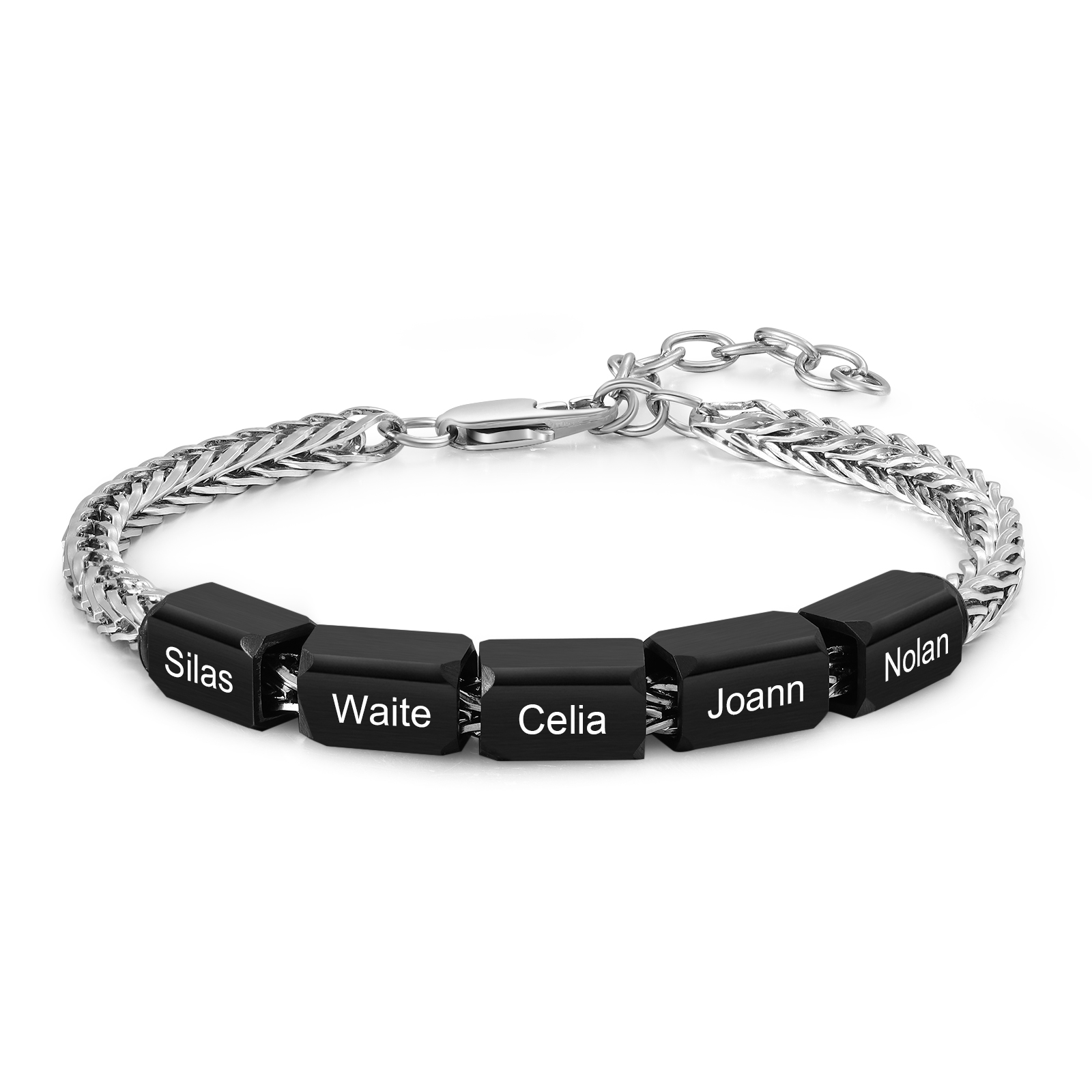 Bracelet personnalisé avec 5 Prénoms gravés en Acier Inoxydable - Cadeau pour Homme  | Jessemade