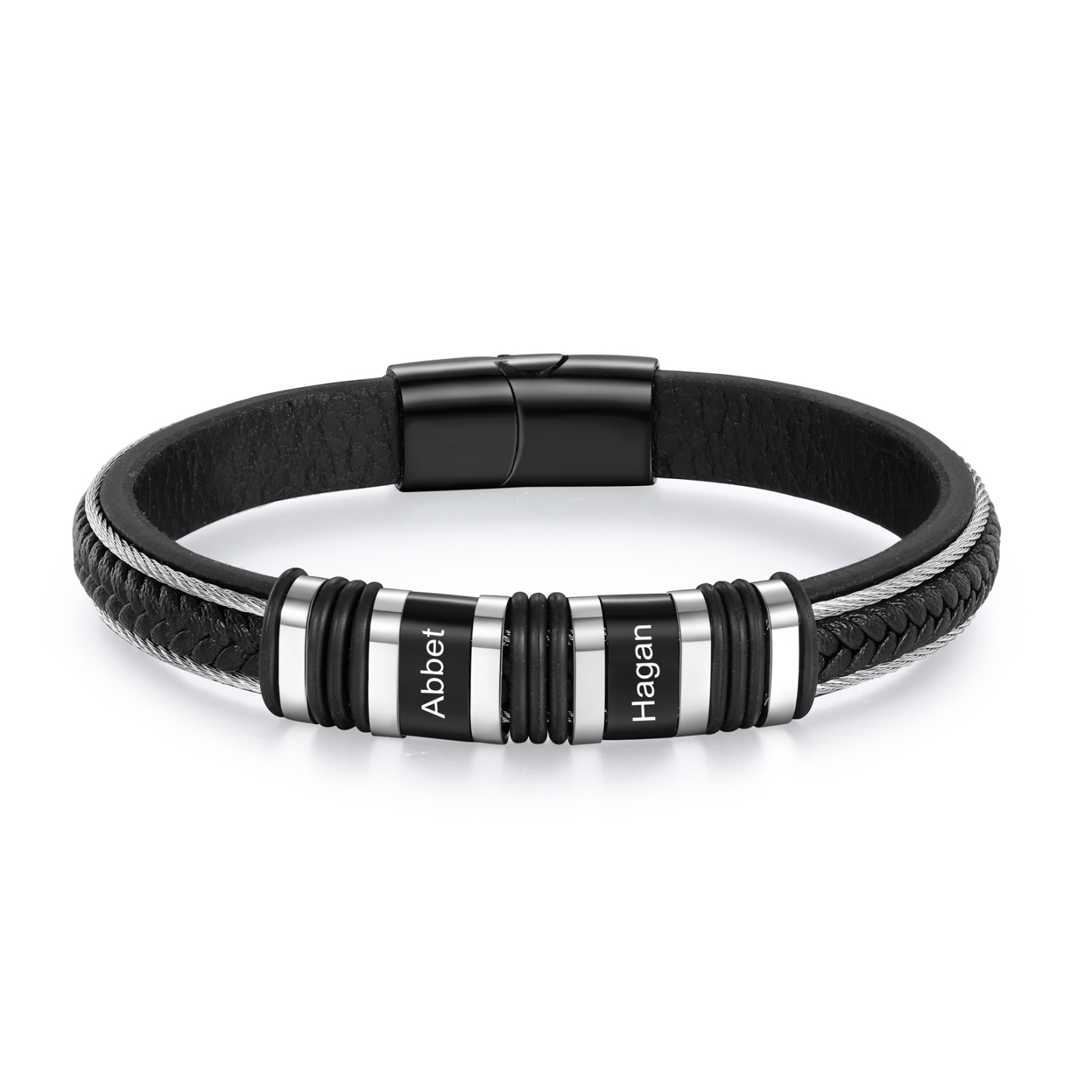 Bracelet Homme 2 à 5 Noms Gravés en Cuir et Acier Noir | Jessemade