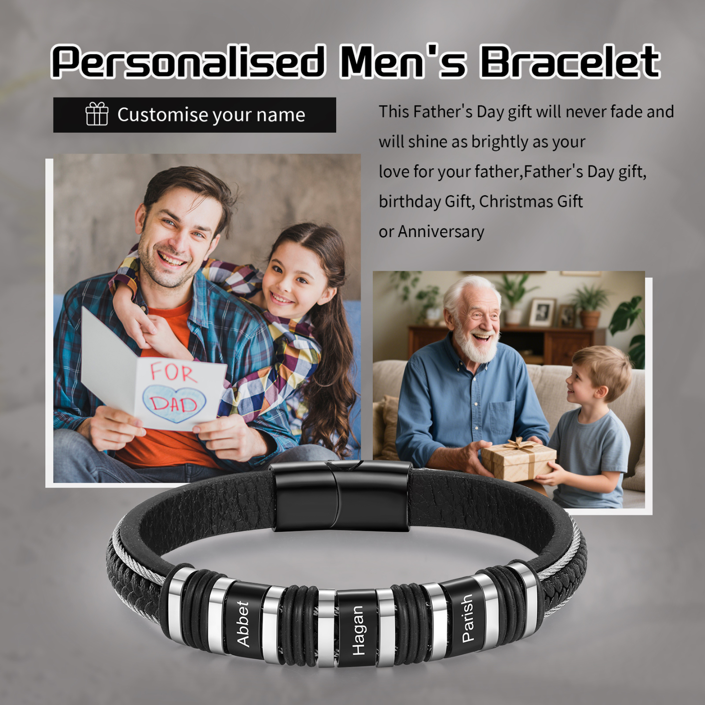 Bracelet Personnalisé avec 3 Prénoms Gravés en Cuir et Acier Noir - Cadeau Pour Homme | Jessemade