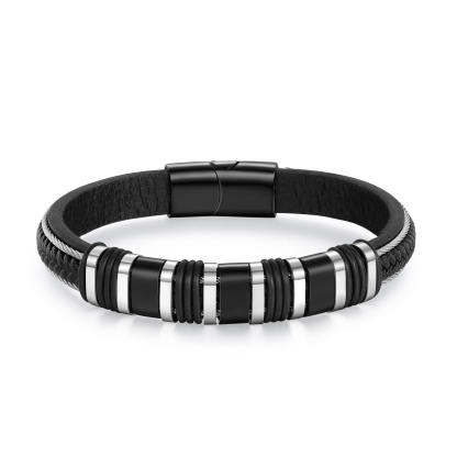 Bracelet Personnalisé avec 3 Prénoms Gravés en Cuir et Acier Noir - Cadeau Pour Homme | Jessemade