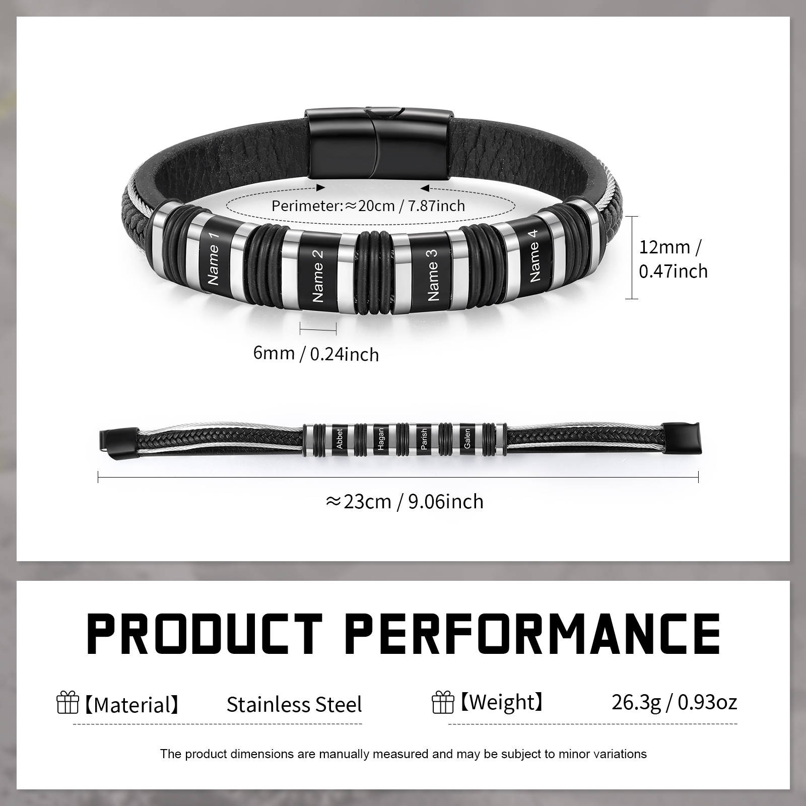Bracelet Personnalisé avec 4 Prénoms Gravés en Cuir et Acier Noir - Cadeau Pour Homme | Jessemade
