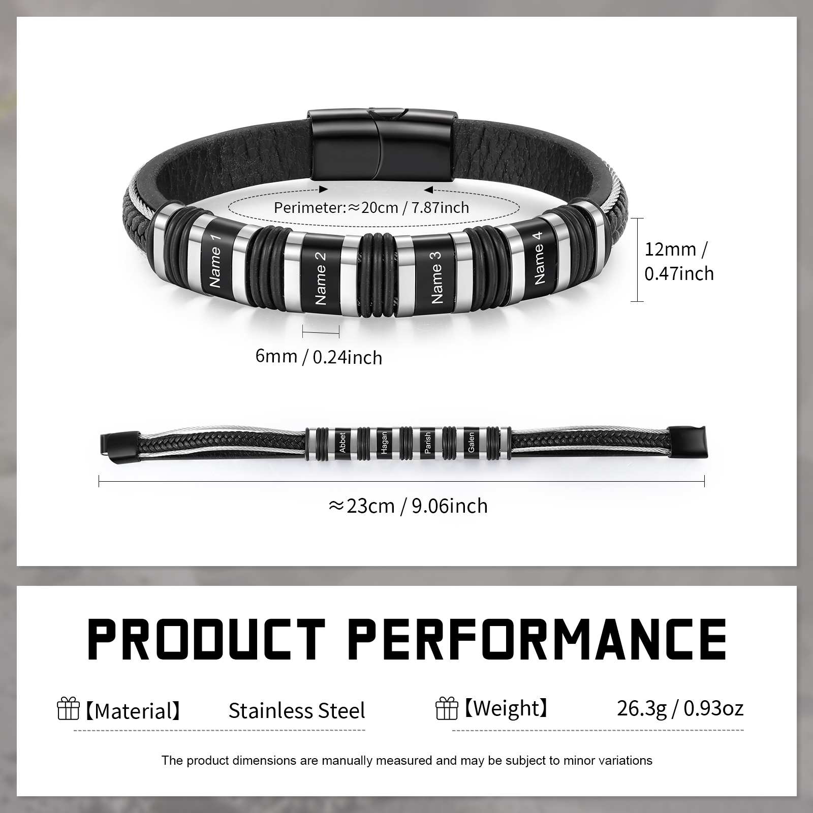 Bracelet Personnalisé avec 4 Prénoms Gravés en Cuir et Acier Noir - Cadeau Pour Homme | Jessemade