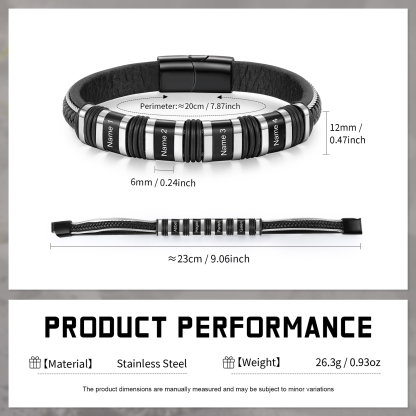 Bracelet Personnalisé avec 4 Prénoms Gravés en Cuir et Acier Noir - Cadeau Pour Homme | Jessemade
