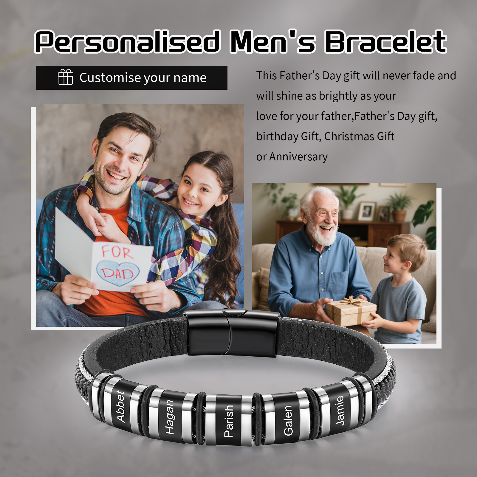 Bracelet Personnalisé avec 5 Prénoms Gravés en Cuir et Acier Noir - Cadeau Pour Homme | Jessemade