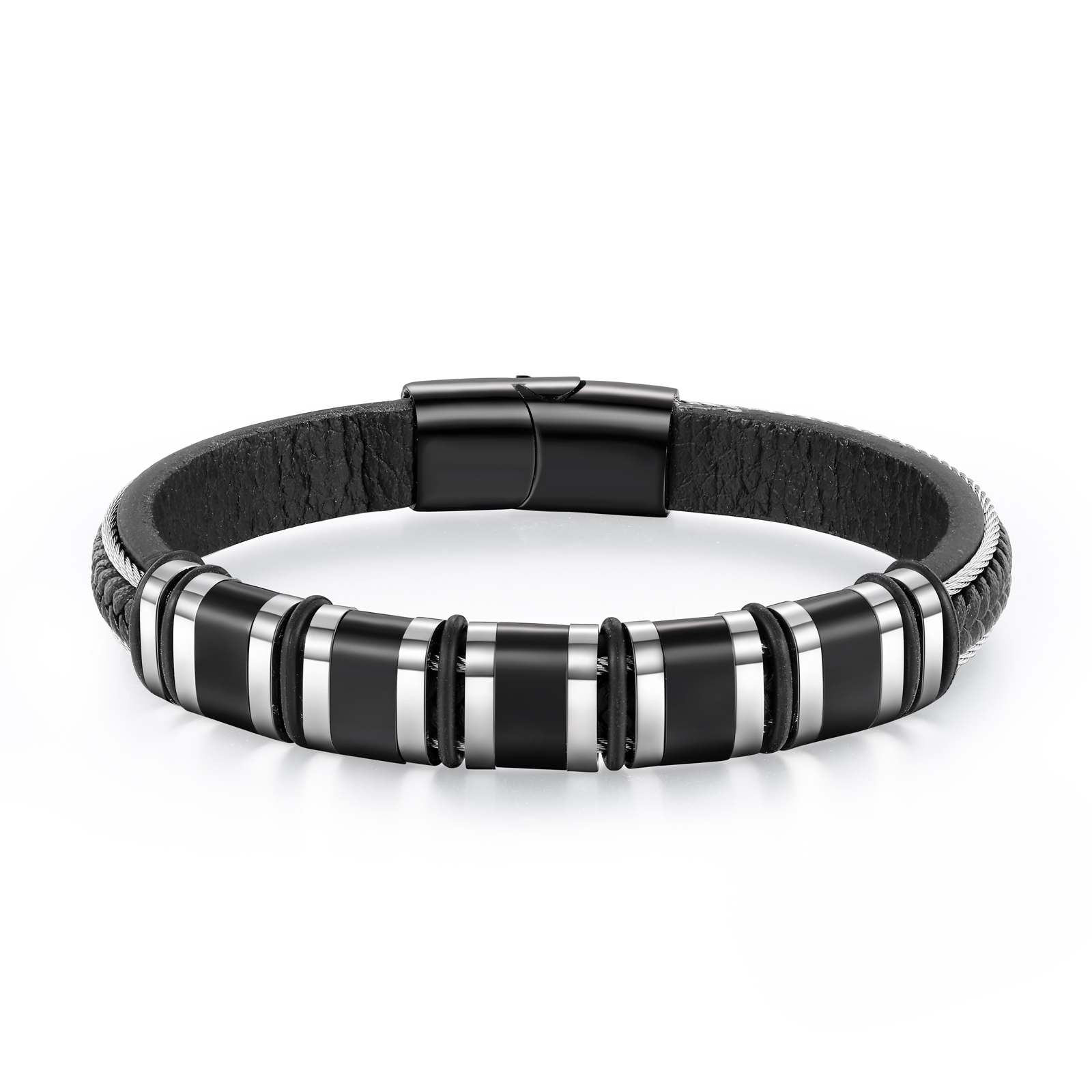 Bracelet Personnalisé avec 5 Prénoms Gravés en Cuir et Acier Noir - Cadeau Pour Homme | Jessemade