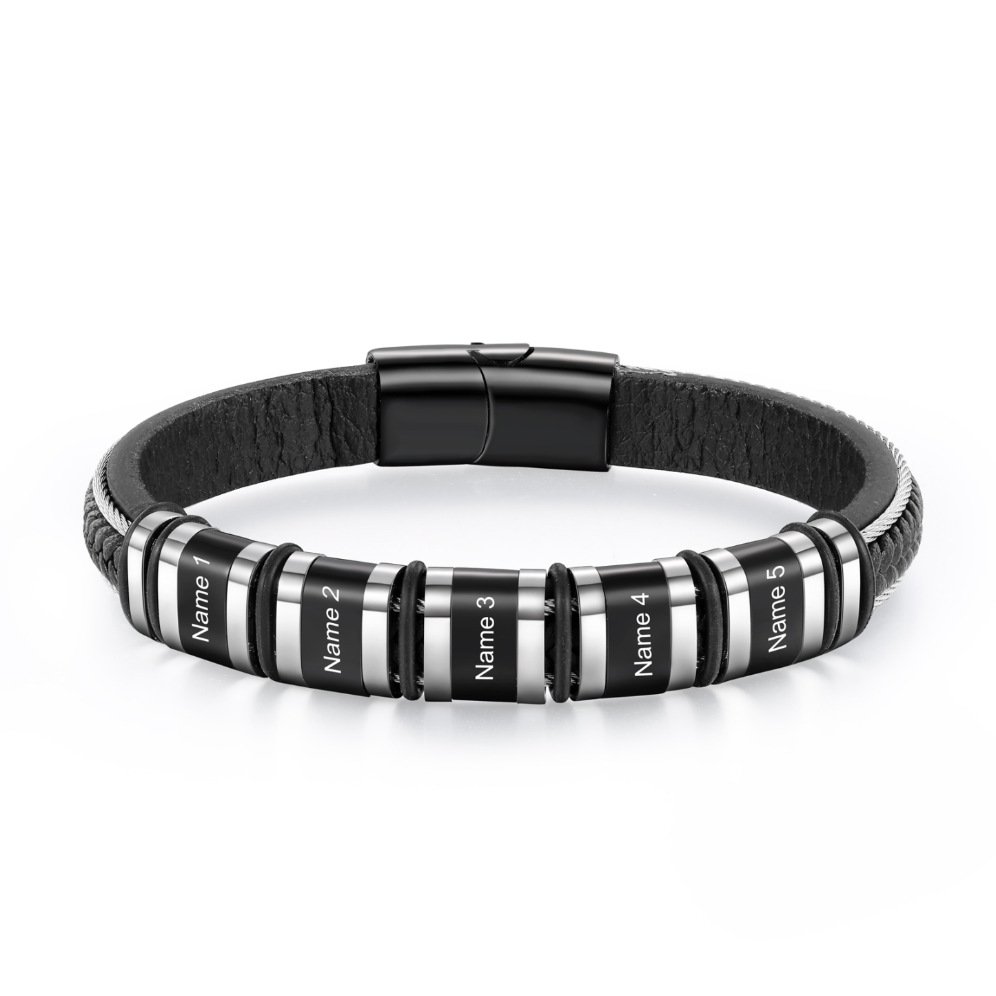 Bracelet Personnalisé avec 5 Prénoms Gravés en Cuir et Acier Noir - Cadeau Pour Homme | Jessemade