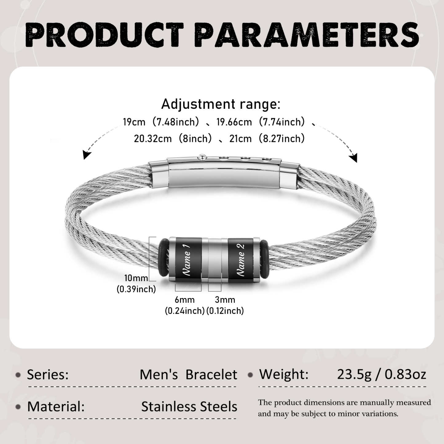 Bracelet Homme Personnalisé avec 2 Prénoms Gravés en Acier Inoxydable｜Jessemade