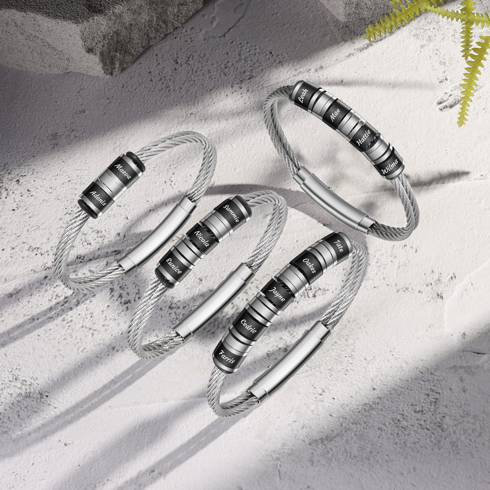 Bracelet Homme Personnalisé avec 5 Prénoms Gravés en Acier Inoxydable｜Jessemade