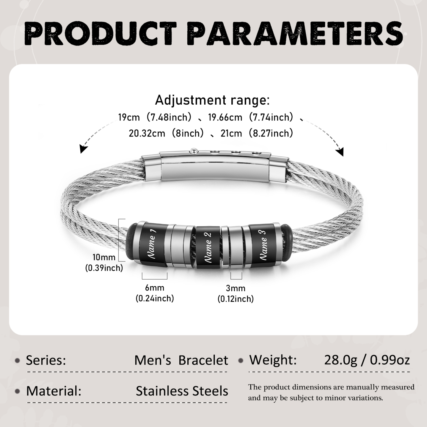 Bracelet Homme Personnalisé avec 3 Prénoms Gravés en Acier Inoxydable｜Jessemade