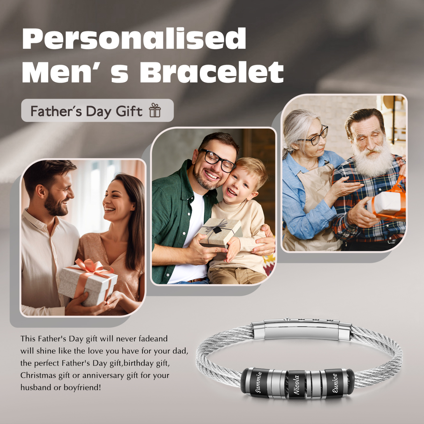 Bracelet Homme Personnalisé avec 3 Prénoms Gravés en Acier Inoxydable｜Jessemade