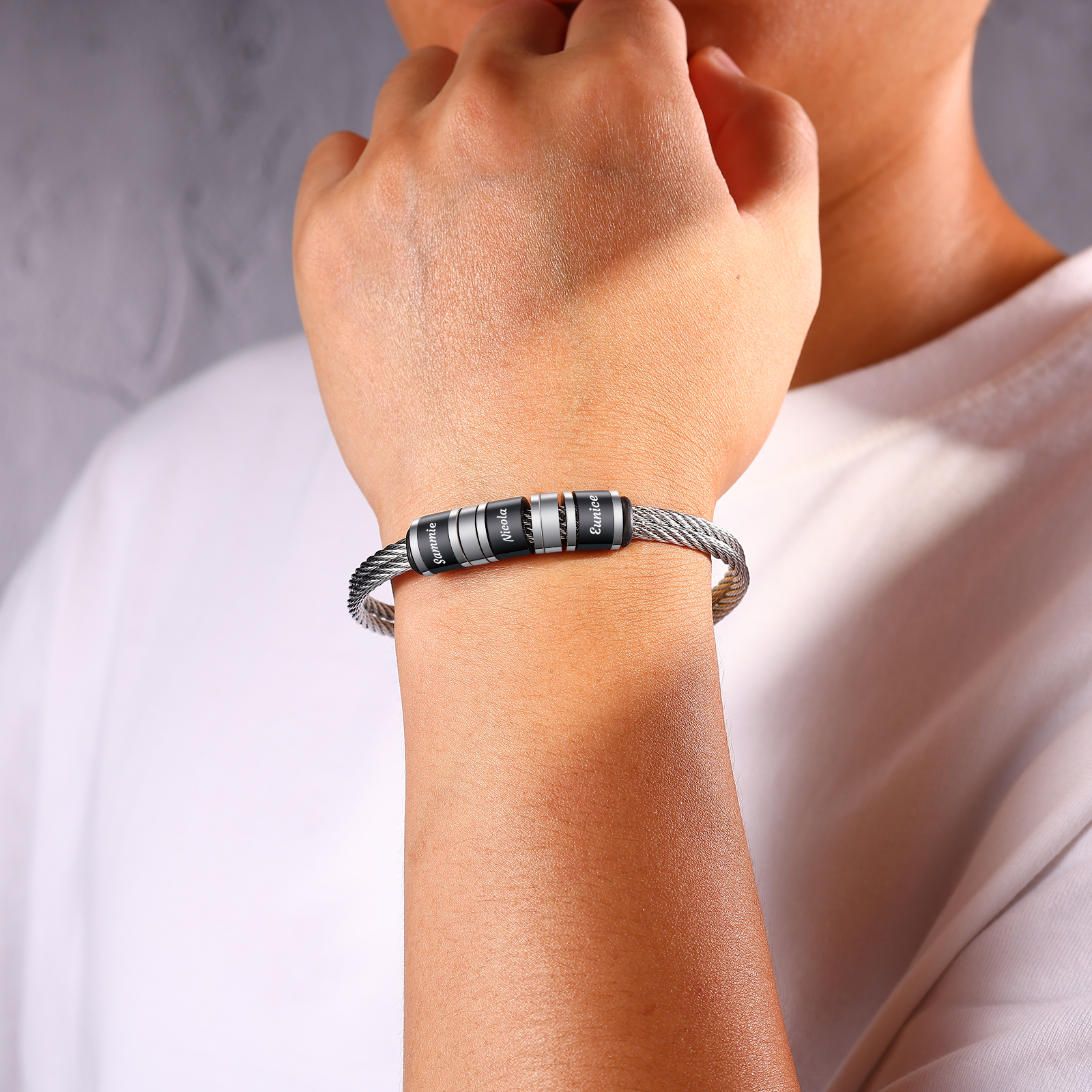 Bracelet Homme Personnalisé avec 3 Prénoms Gravés en Acier Inoxydable｜Jessemade