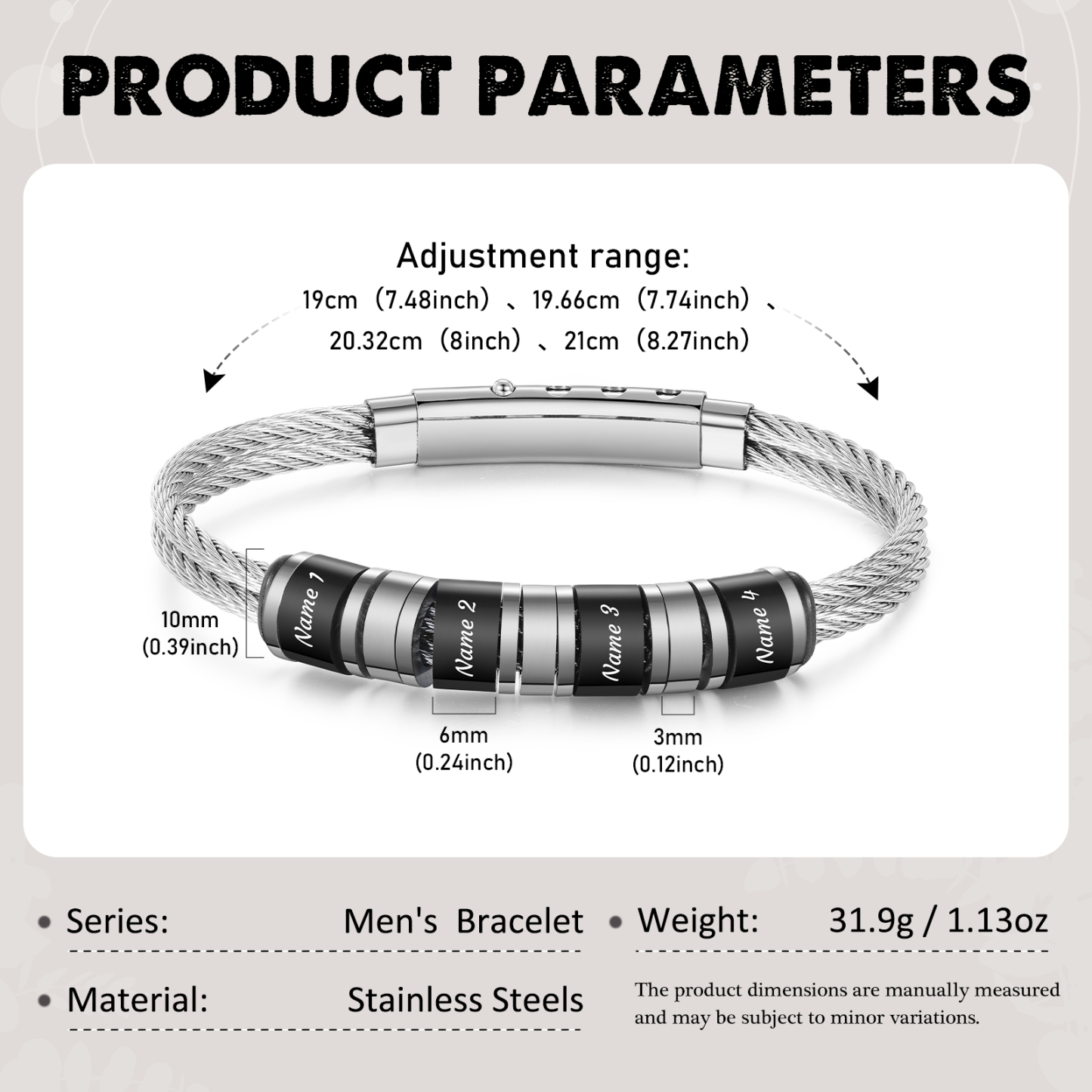 Bracelet Homme Personnalisé avec 4 Prénoms Gravés en Acier Inoxydable｜Jessemade