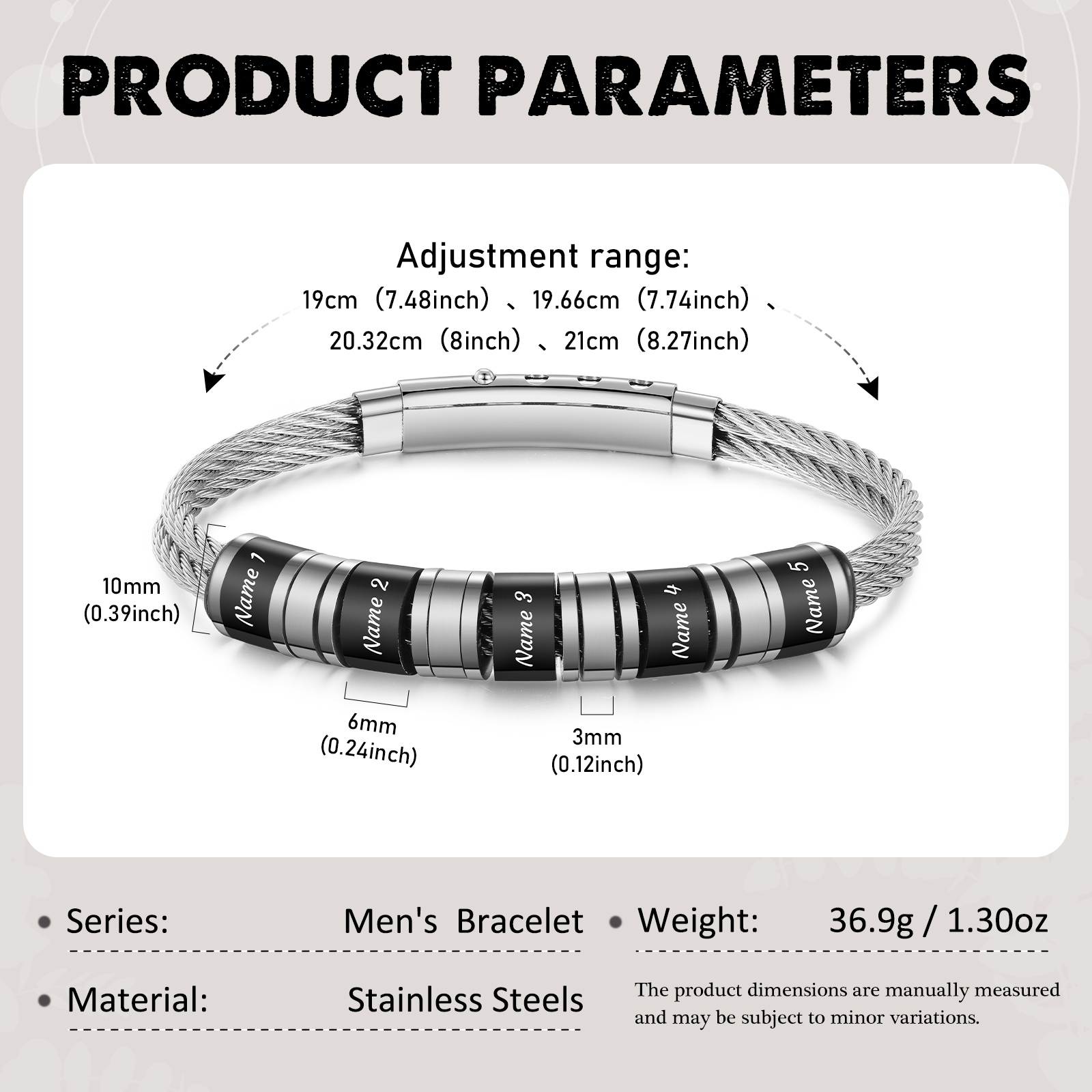 Bracelet Homme Personnalisé avec 5 Prénoms Gravés en Acier Inoxydable｜Jessemade