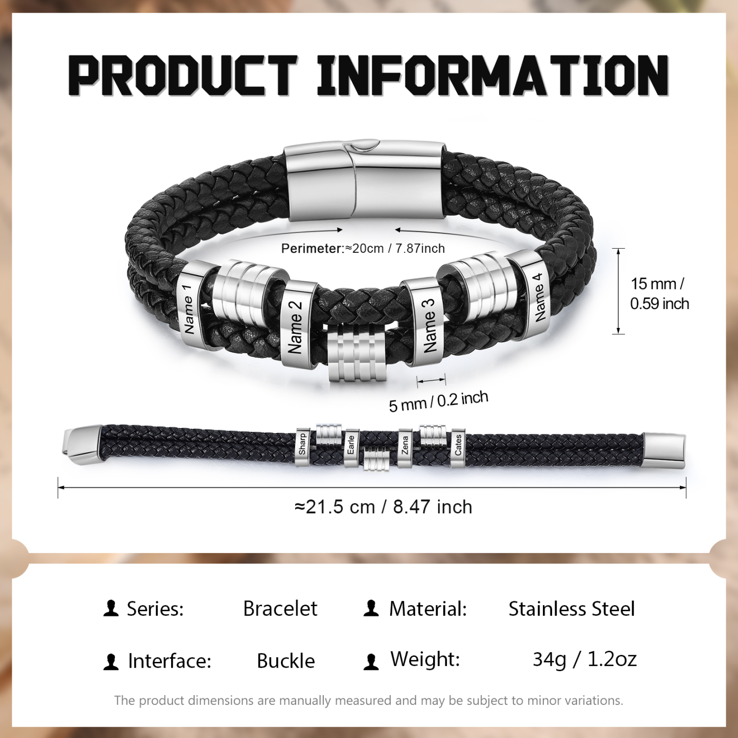 Bracelet personnalisé Homme en Cuir avec 4 Prénoms gravés - Cadeau sur mesure | Jessemade