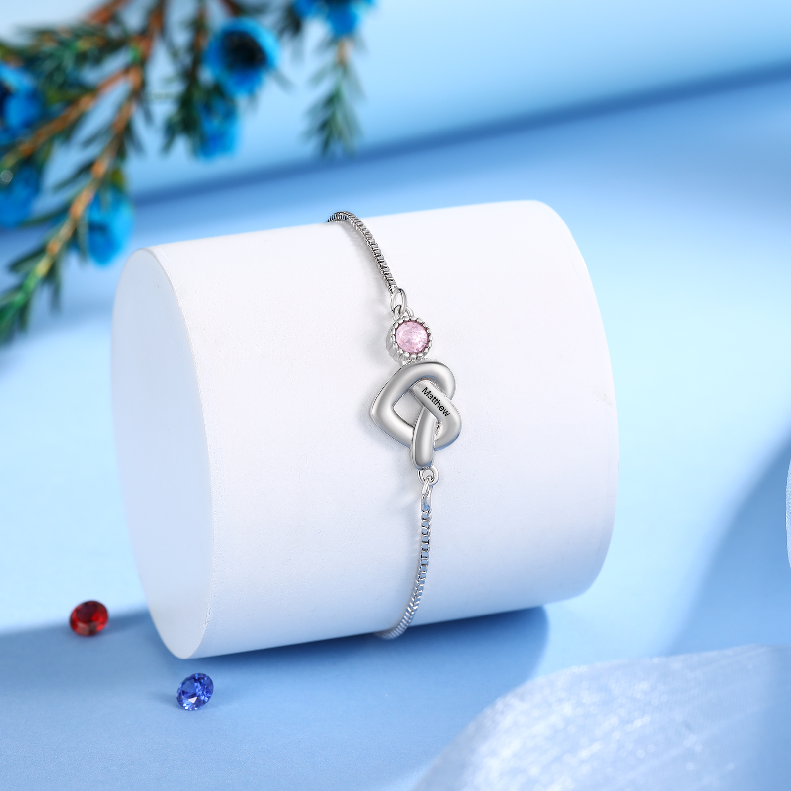 Bracelet Coeur Personnalisé avec 1 Prénoms et 1 Pierres de Naissance Bracelet Infini Personalisable pour Femme | Jessemade