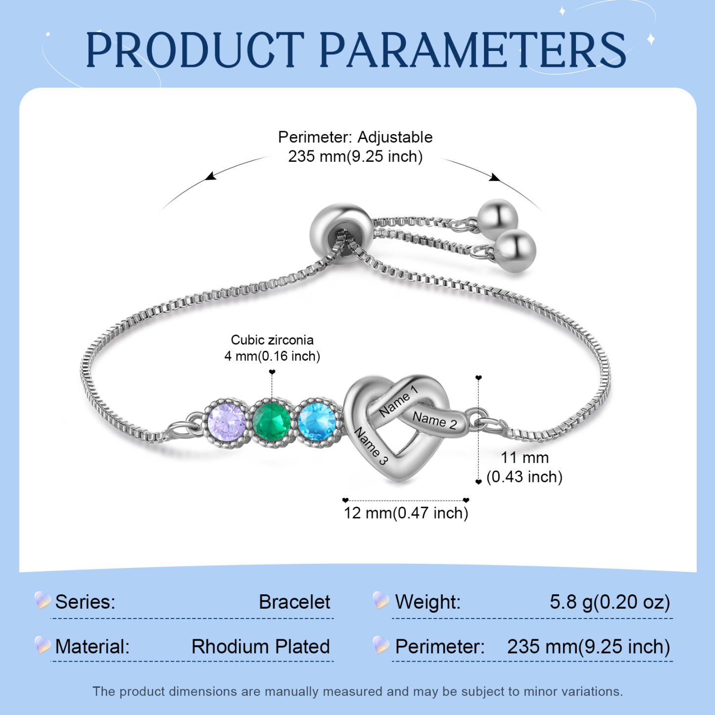 Bracelet Cœur Personnalisé avec 3 Prénoms et 3 Pierres de Naissance Bracelet Infini Personalisable pour Femme | Jessemade