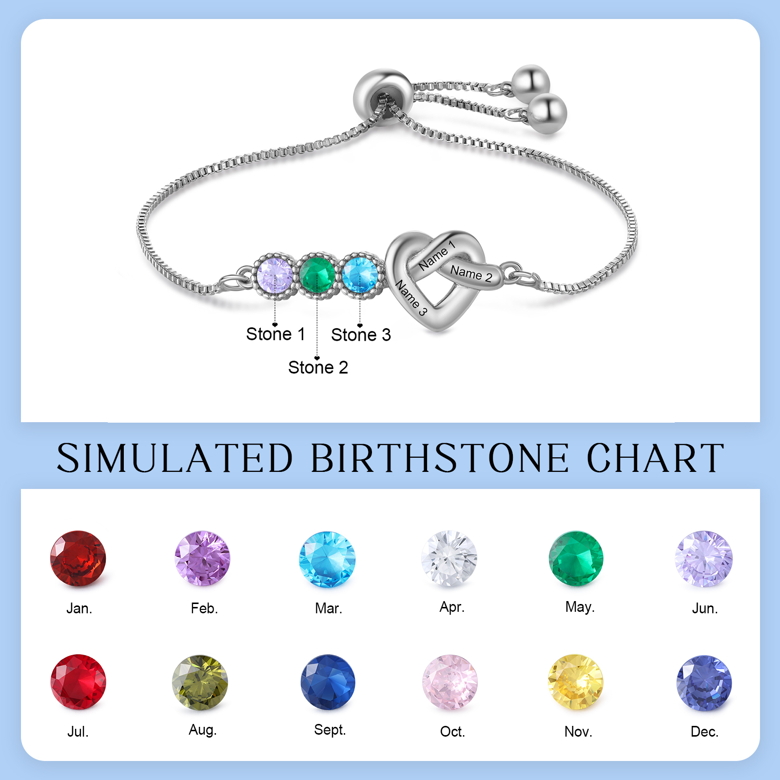 Bracelet Cœur Personnalisé avec 3 Prénoms et 3 Pierres de Naissance Bracelet Infini Personalisable pour Femme | Jessemade