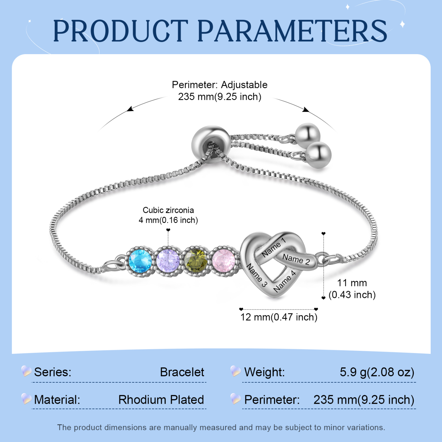 Bracelet Cœur Personnalisé avec 4 Prénoms et 4 Pierres de Naissance Bracelet Infini Personalisable pour Femme | Jessemade