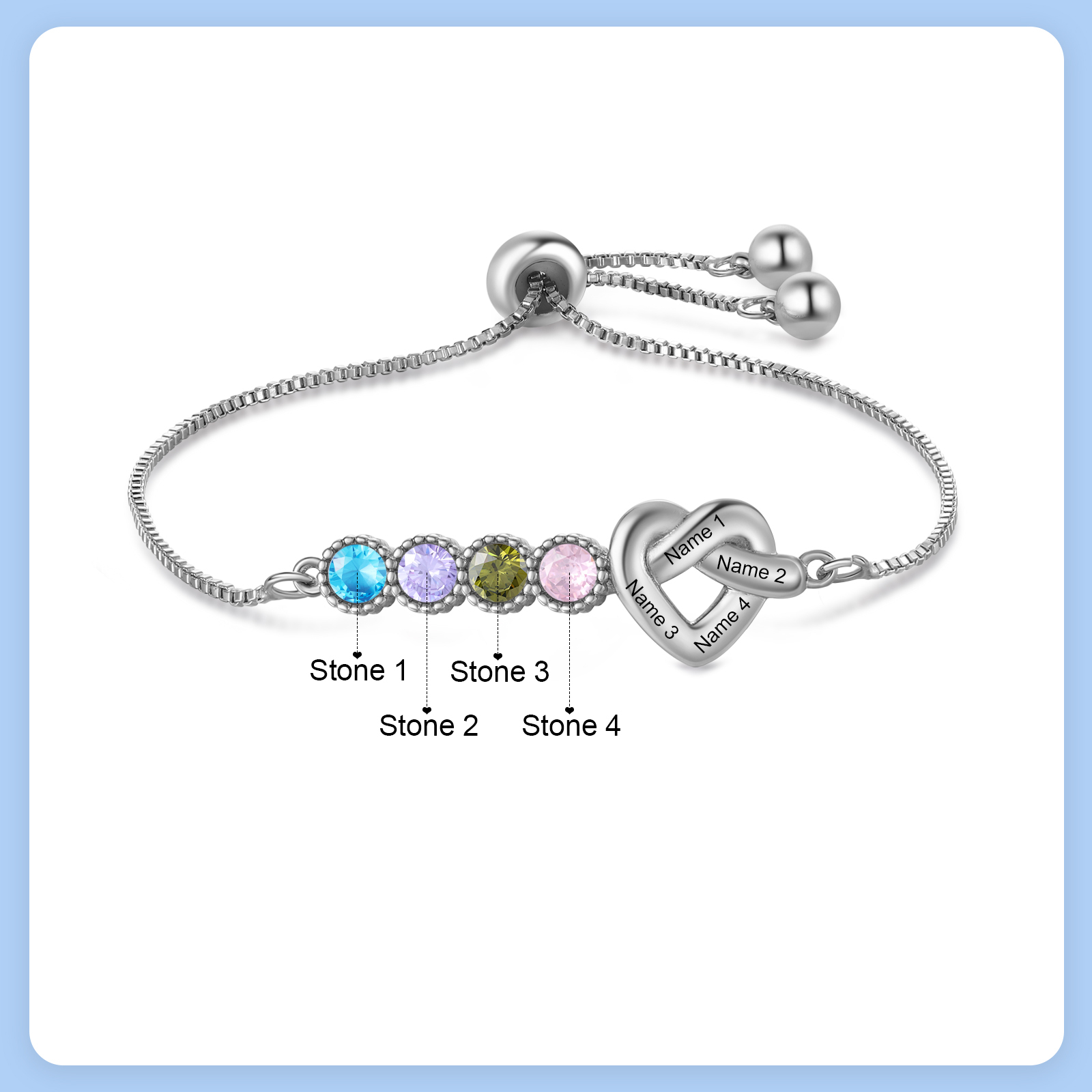 Bracelet Cœur Personnalisé avec 4 Prénoms et 4 Pierres de Naissance Bracelet Infini Personalisable pour Femme | Jessemade
