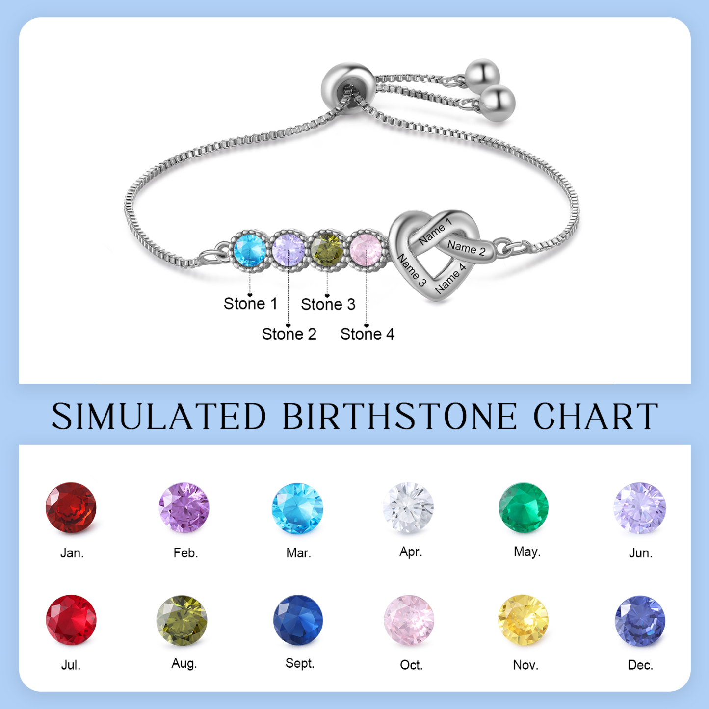Bracelet Cœur Personnalisé avec 4 Prénoms et 4 Pierres de Naissance Bracelet Infini Personalisable pour Femme | Jessemade
