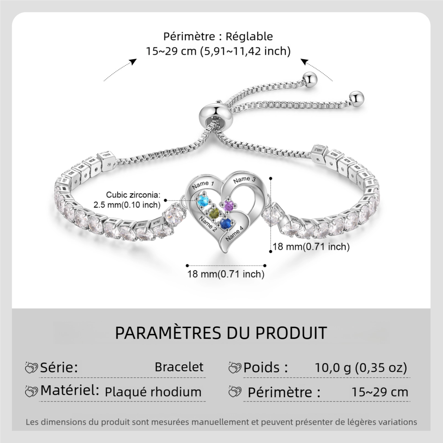 Bracelet Cœur orné de Zircone Cubique avec 2-4 Pierres de naissance et Prénoms
