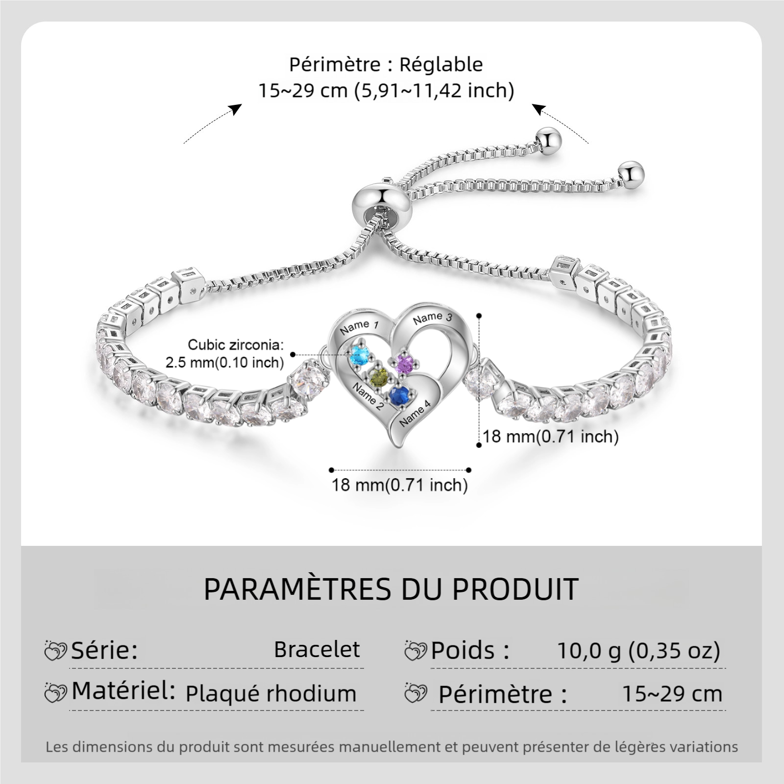 Bracelet Cœur orné de Zircone Cubique avec 2-4 Pierres de naissance et Prénoms