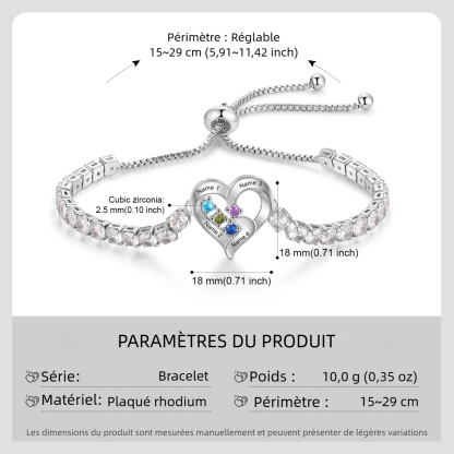 Bracelet Cœur orné de Zircone Cubique avec 2-4 Pierres de naissance et Prénoms