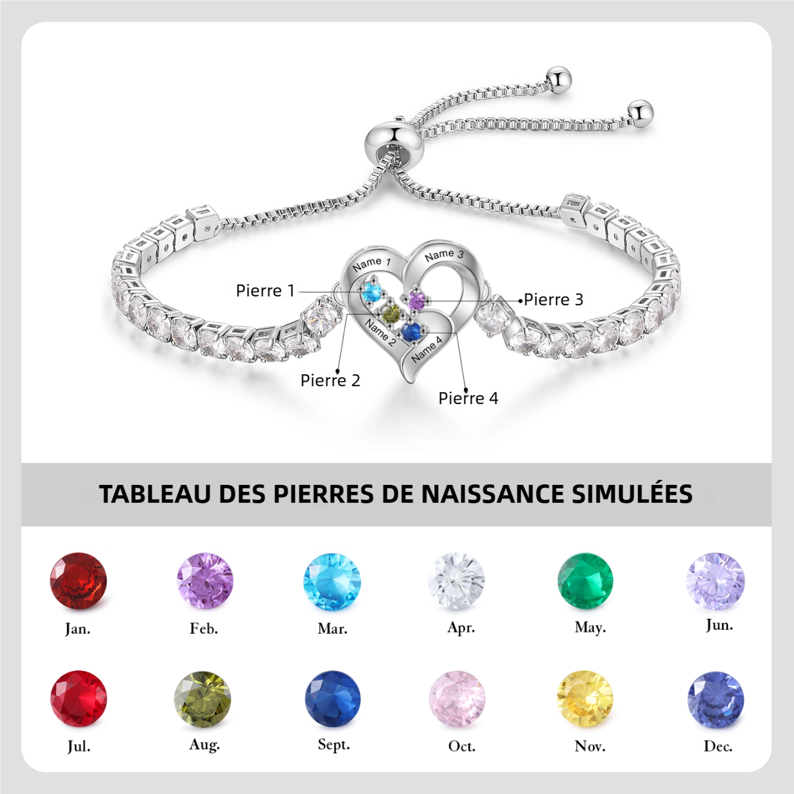 Bracelet Cœur orné de Zircone Cubique avec 2-4 Pierres de naissance et Prénoms