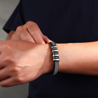 Bracelet Homme  Personnalisé avec Gravure de 3 Prénoms en Acier et Cuir - Cadeau Pour Homme | Jessemade