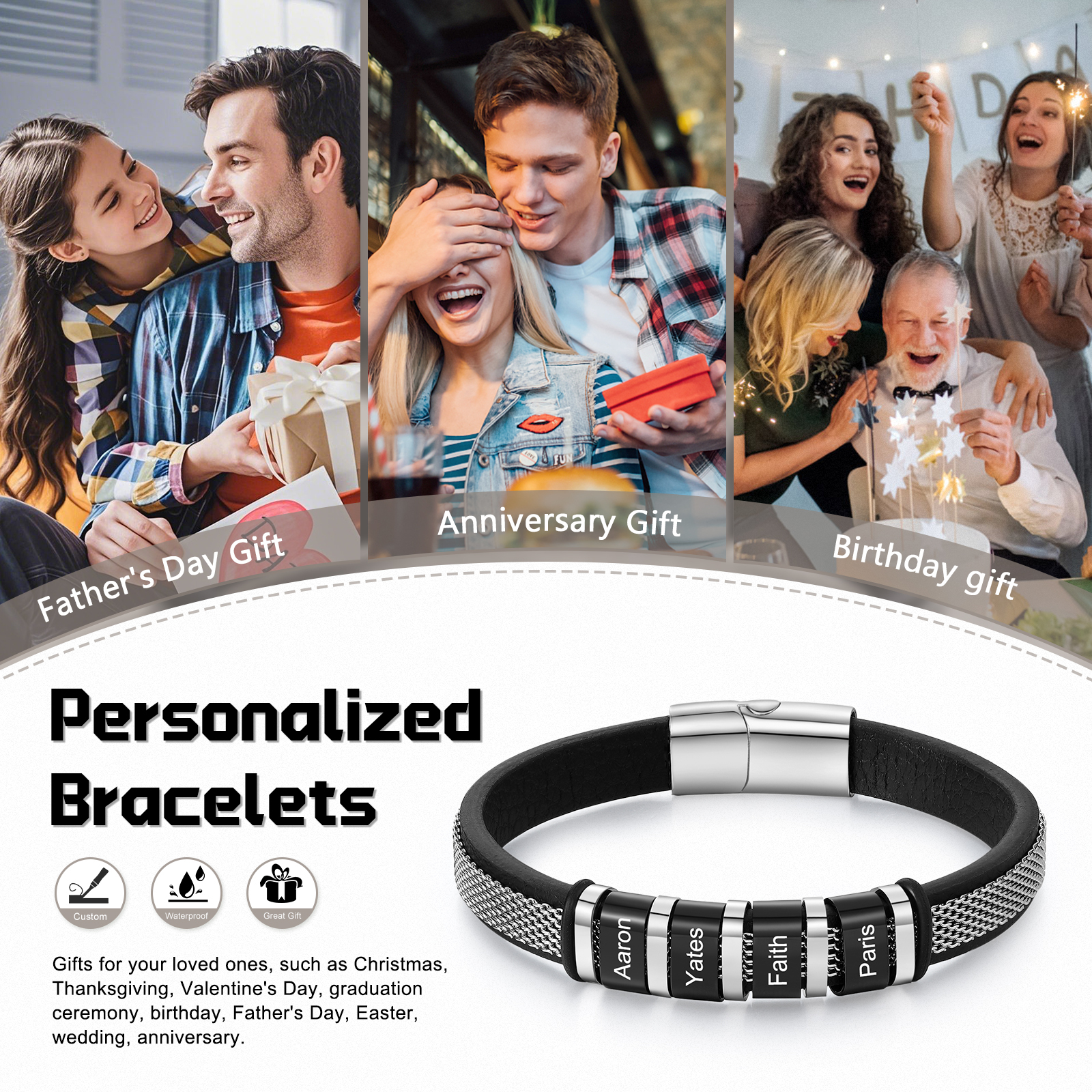 Bracelet Homme  Personnalisé avec Gravure de 4 Prénoms en Acier et Cuir - Cadeau Pour Homme | Jessemade