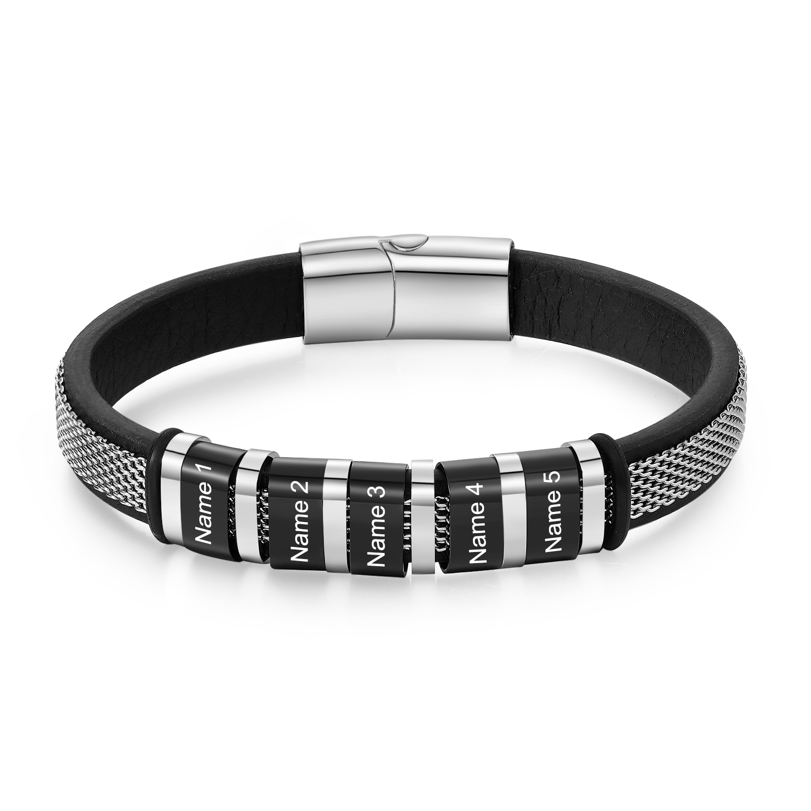 Bracelet Homme  Personnalisé avec Gravure de 5 Prénoms en Acier et Cuir - Cadeau Pour Homme | Jessemade