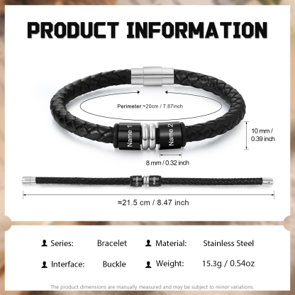 Bracelet en Cuir personnalisé 2 Prénoms gravés - Cadeau pour Homme | Jessemade