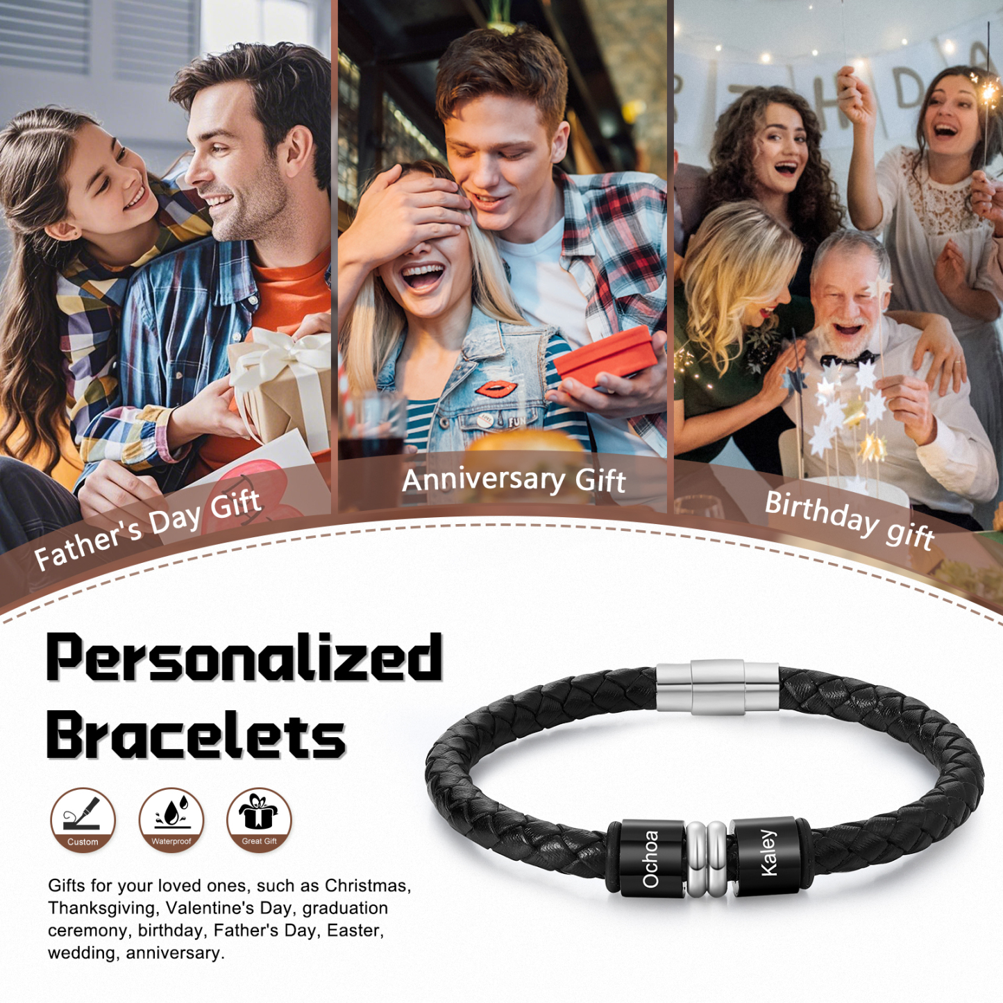 Bracelet en Cuir personnalisé 2 Prénoms gravés - Cadeau pour Homme | Jessemade