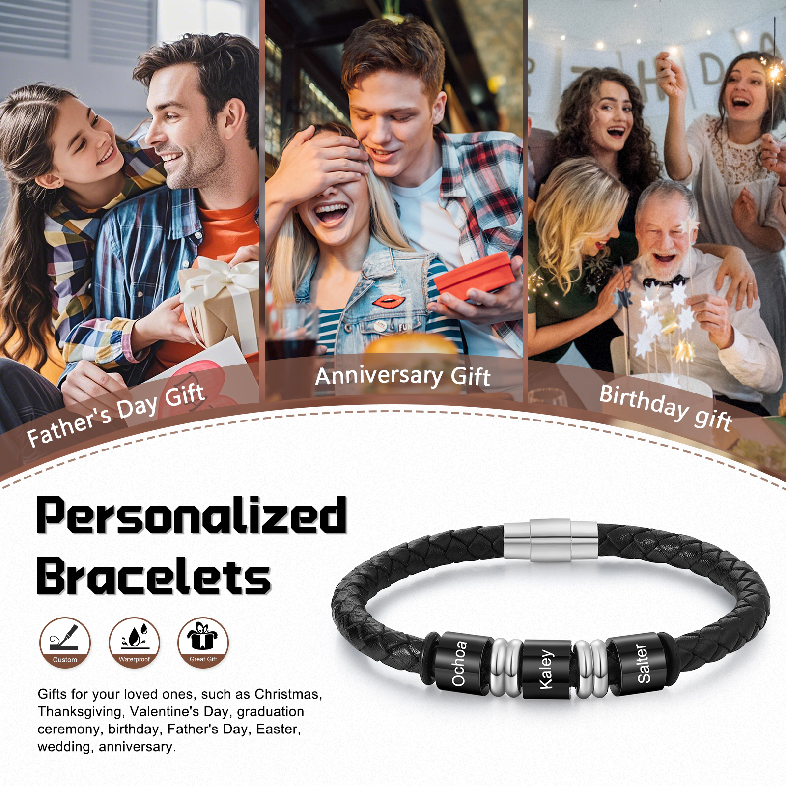 Bracelet en Cuir personnalisé 3 Prénoms gravés - Cadeau pour Homme | Jessemade