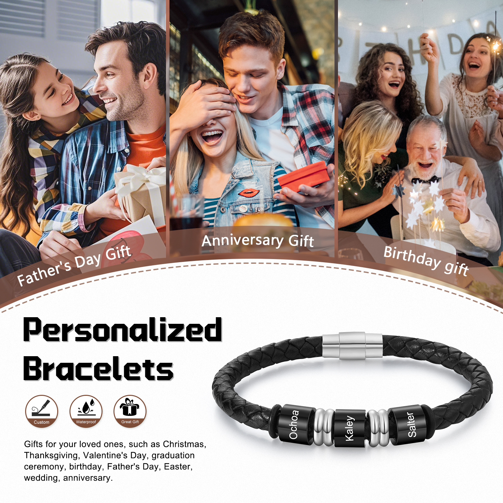 Bracelet en Cuir personnalisé 3 Prénoms gravés - Cadeau pour Homme | Jessemade